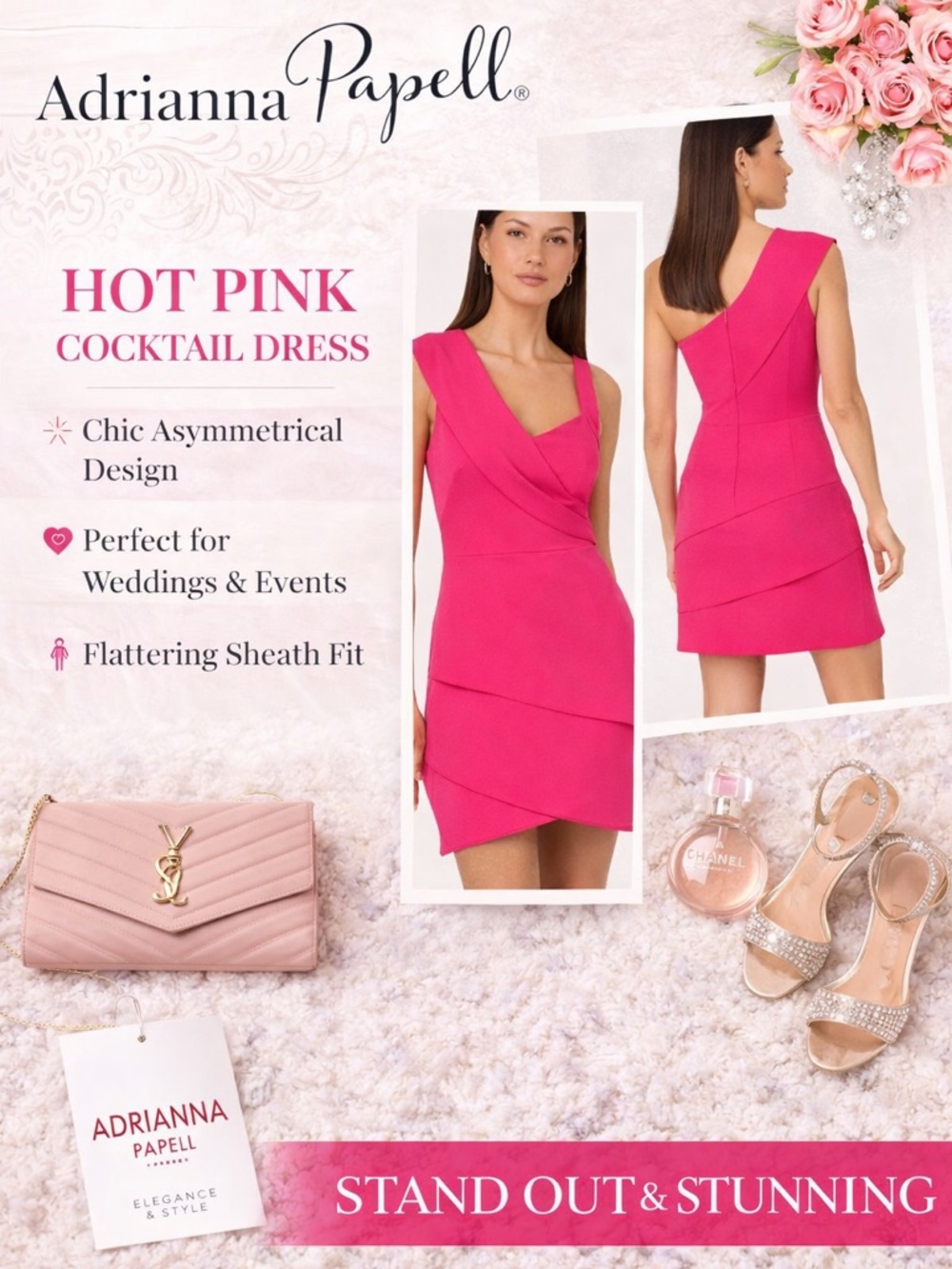 Adrianna Papell Pink Cocktail Dress Asymmetrical Sheath Mini Wedding Size 8